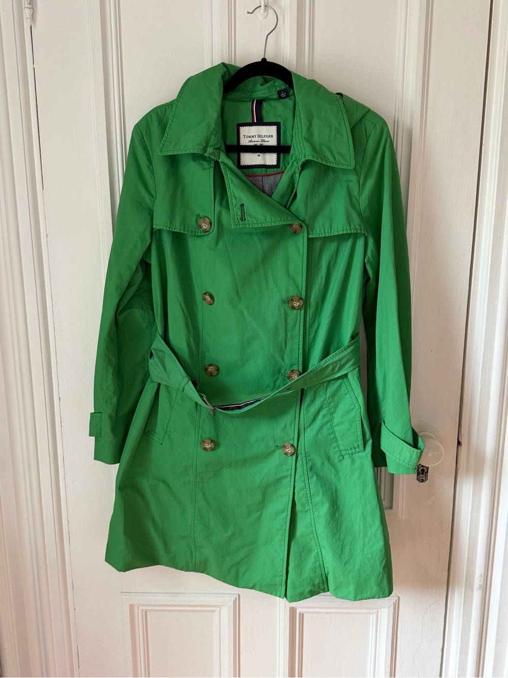 Women’s Tommy Hilfiger Double Breasted Green Lined Belted Trench Coat Size Large